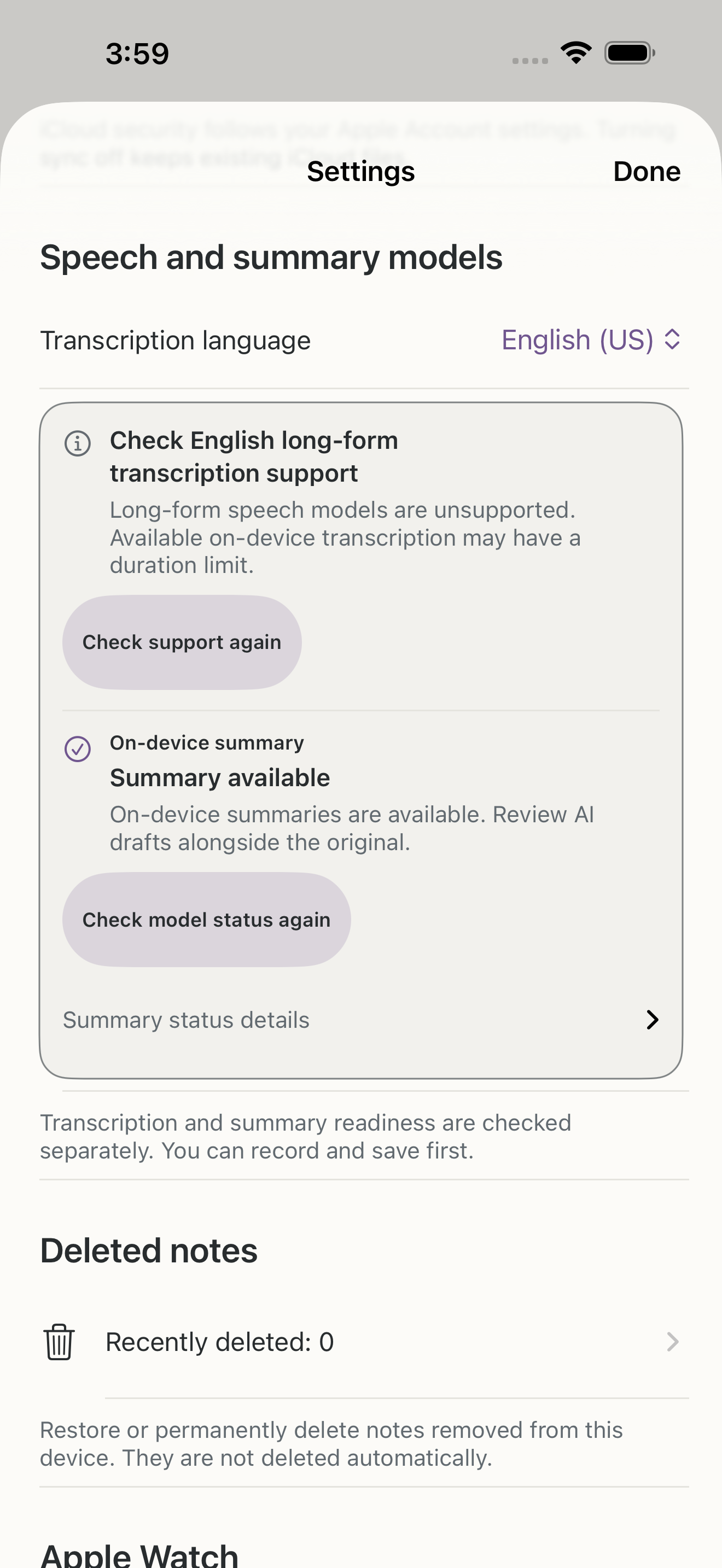 Haru Settings, Speech and summary models: English long-form transcription unsupported; on-device summary available